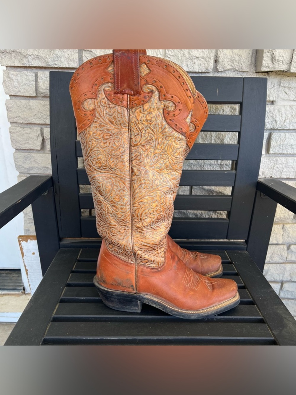 VTG Olathe Boot Co Square Toe Copper/Brown Block Heeled Tall Cowboy Boots 7B